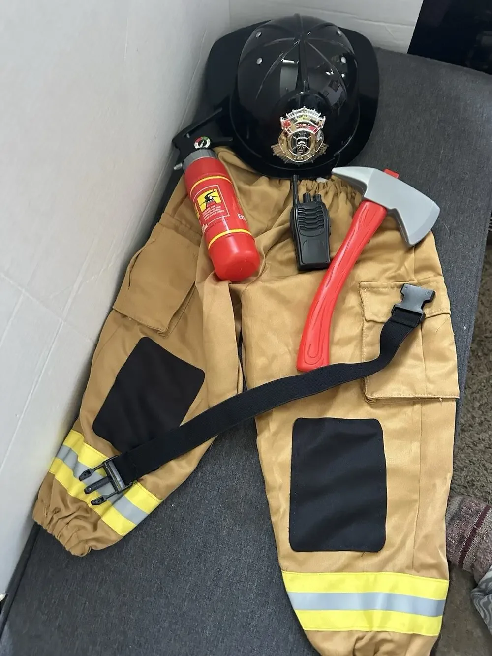 Firefighter Costume Kids 3T Helmet Pants Axe Extinguisher Walkie Talkie Incomple